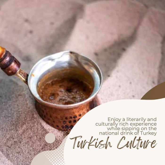 Traditional copper cezve brewing Turkish coffee on sand with cultural text overlay