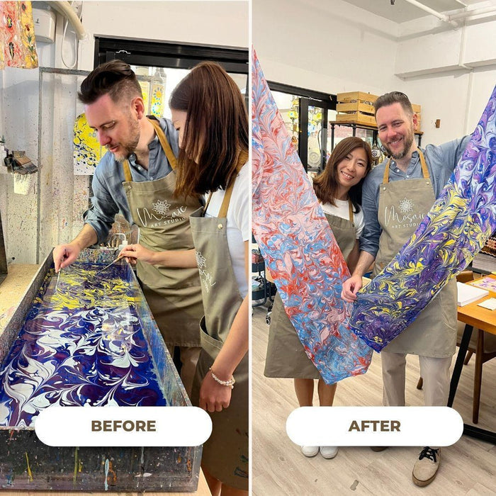 Couple creating colorful marbled fabric art at Mosaic Art Studio, showing before and after results