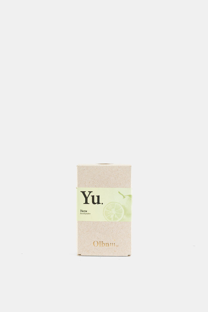 Olibanum Yu. Yuzu eau de parfum boîte kraft recyclée bande verte illustration agrume